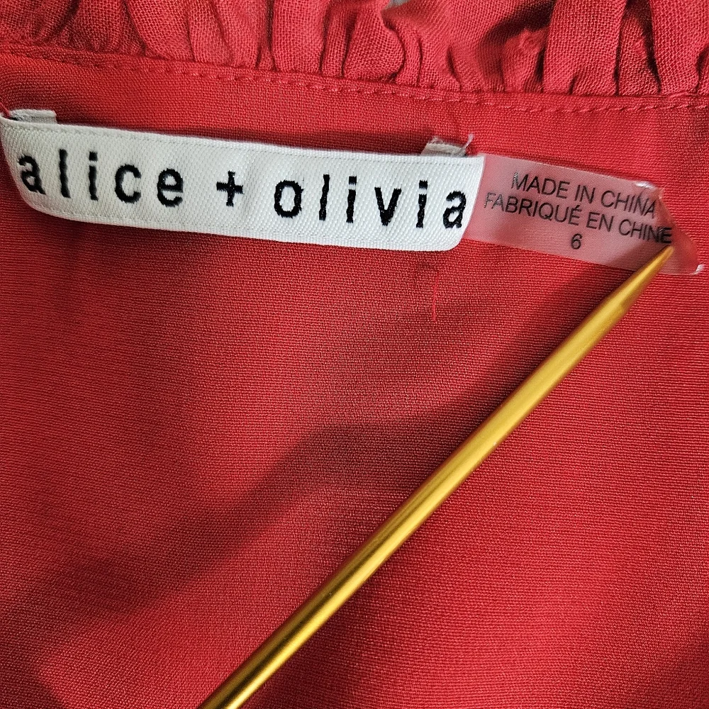 Alice + Olivia Red Swiss Dot Tie Waist Button Dress Sz 6 Ruffle Feminine Chic